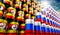 Oil barrels with flags of Russia and Uganda - 3D illustration