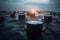 Oil barrels floating in a sea of black crude oil. environment concept