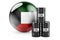 Oil barrels with Kuwaiti flag. Oil production or trade in Kuwait concept, 3D rendering