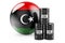 Oil barrels with Libyan flag. Oil production or trade in Libya concept, 3D rendering