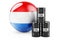 Oil barrels with Luxembourgish flag. Oil production or trade in Luxembourg concept, 3D rendering
