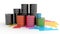 oil barrels over white background with colorful paint marks on floor isolated