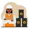 Oil barrels and a screaming oilwoman. Oil industry and worker or engineer in special clothes and helmet.