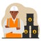 Oil barrels and a smiling oilman. Oil industry and worker or engineer in special clothes and helmet.