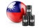 Oil barrels with Taiwanese flag. Oil production or trade in Taiwan concept, 3D rendering