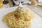 Oil base pasta Spaghetti Aglio on the table