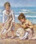 Oil on canvas of young girls between the sand