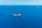 Oil chemical tanker sails blue sea. Aerial top view