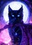 Oil colorful illustration with a magical black cat with pointed ears, he has blue mystical eyes a purple cloak and scarf against