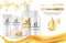 Oil cosmetics bottles. Vector realistic packaging, essential gold oil drops and splashes