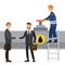 Oil deal, happy caucasian businessmen handshake, successful negotiations. Oilman standing on ladder and turns pipeline valve