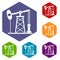 Oil derrick icons set hexagon