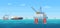 Oil drill platform vector illustration, cartoon flat ocean or sea landscape with drilling rig tower, ship tanker for gas