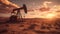 Oil drilling derricks at desert at sunset - generative AI