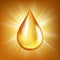 Oil drop. Gold transparent liquid organic water or oil splashes on glossy reflection vector background