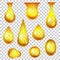 Oil drop. Realistic honey drops and golden bubbles. 3d dripping yellow droplets for cosmetic or petrol products. Falling