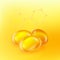 Oil drop vector illustration. Realistic 3d droplet and dna molecule symbol on yellow background. Golden collagen essence.