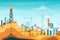 Oil extraction landscape vector illustration, cartoon flat urban factory skyline with well drilling, oil rig tower to