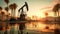 Oil field, oil pumps work in the evening. Oil pump and beautiful sunset reflected in the water, silhouette of a beam pumping plant