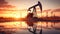 Oil field, oil pumps work in the evening. Oil pump and beautiful sunset reflected in the water, silhouette of a beam pumping plant
