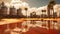 Oil field, oil pumps work in the evening. Oil pump and beautiful sunset reflected in the water, silhouette of a beam pumping plant