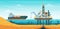 Oil gas extraction vector illustration, cartoon flat drill oilfield technology, offshore extracting pump tower station