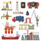 Oil gas industry infographics concept. Gasoline diesel fuel transportation and distribution icons.