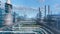 Oil and gas refinery plant factory with chemical formula design, industry petroleum zone, pipe steel and oil storage