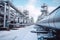 an oil and gas refining plant with a network of extended pipelines,in winter, the concept of oil and gas refining,economics,energy