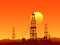 Oil and gas rigs over orange desert sunset illustration