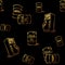 Oil and gas transportation. Barrels and retail gas pump. Gold on black. Seamless pattern