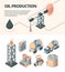 Oil industrial isometric set. Derrick fire truck platform oil tank fuel valve tank storing raw materials canister