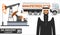 Oil industry concept. Detailed illustration of gasoline truck, oil pump and arab muslim businessman in flat style on