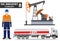 Oil industry concept. Detailed illustration of gasoline truck, oil pump and worker in flat style on white background. Vector illus