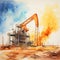 Oil industry. Oil rigs engaged in mining. Watercolour