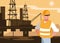 Oil industry scene with marine platform and worker