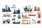 Oil industry set, extraction, refinery and transportation oil and petrol with gas station, vector Illustrations on a