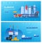 Oil industry vector illustration set, cartoon flat industrial flat banner collection with drilling offshore platform