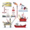 Oil industry vector oily products oiled technology producing drilling fuel petrol petroleum pump oil-rig illustration