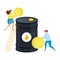 Oil investments. Young businessmen are investing in the oil industry. Buying a barrel of oil. Investment concept vector