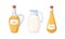 Oil, milk, vinegar in glass jugs set. Liquid cooking ingredients in transparent bottles, pitchers. Culinary baking