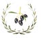 Oil olives praize award wreath leaves in green olive trees background, glass bowl