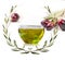 Oil olives praize award wreath leaves in green olive trees background, glass bowl