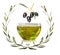 Oil olives praize award wreath leaves in green olive trees background, glass bowl