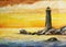 Oil painted picture with sea, sunset and beacon