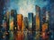 Oil painting of an abstract whimsical cityscape with skyscrapers.