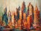 Oil painting of an abstract whimsical cityscape with skyscrapers.