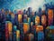 Oil painting of an abstract whimsical cityscape with skyscrapers.