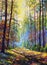 Oil painting. Amazing autumn forest in morning sunlight.