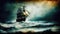 Oil painting, An ancient sailing vessel traversing the deep sea